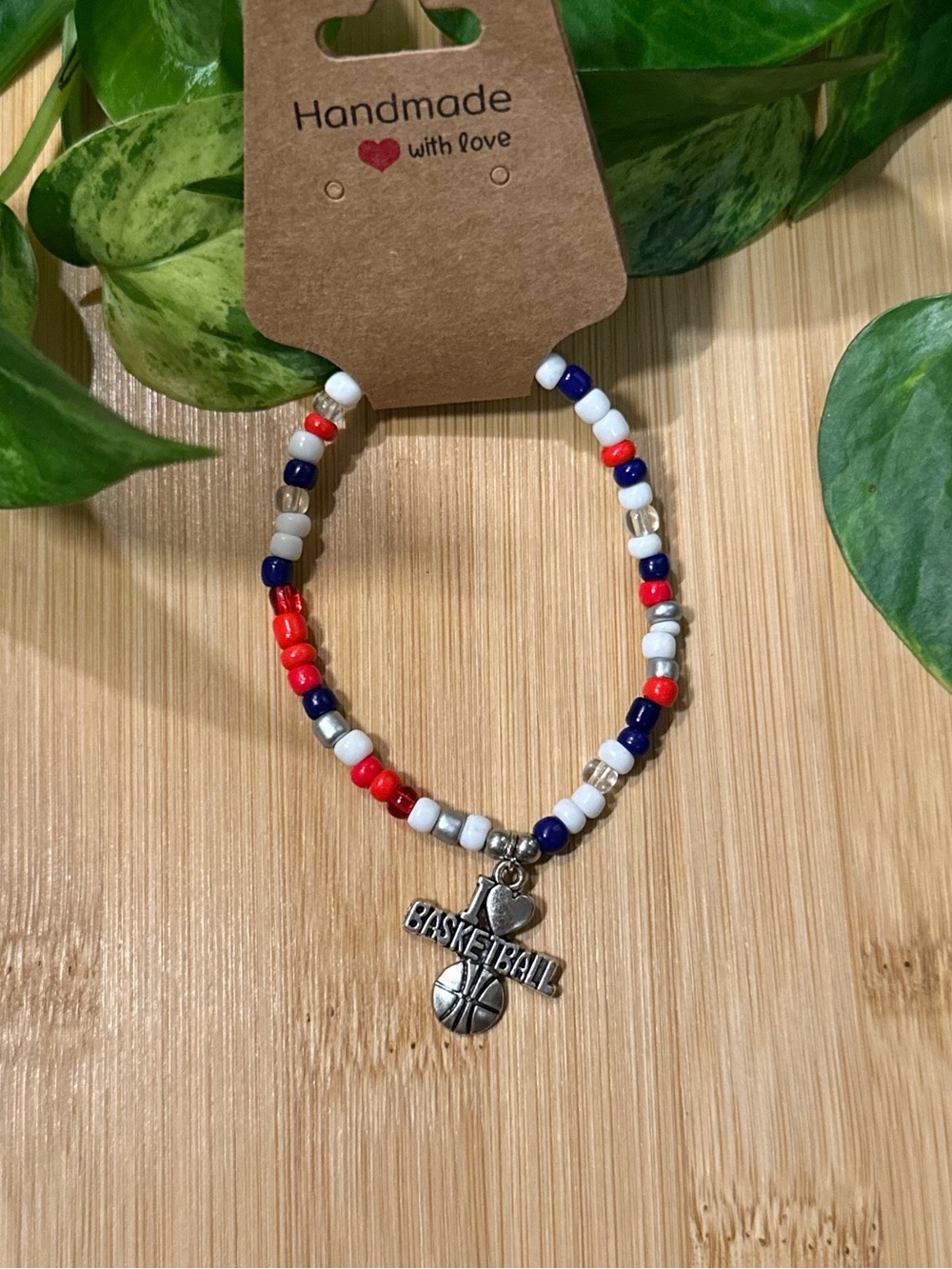 🏀✨ Basketball Stretchy Beaded Bracelet | Handmade | Silver‎ Dangle Charm